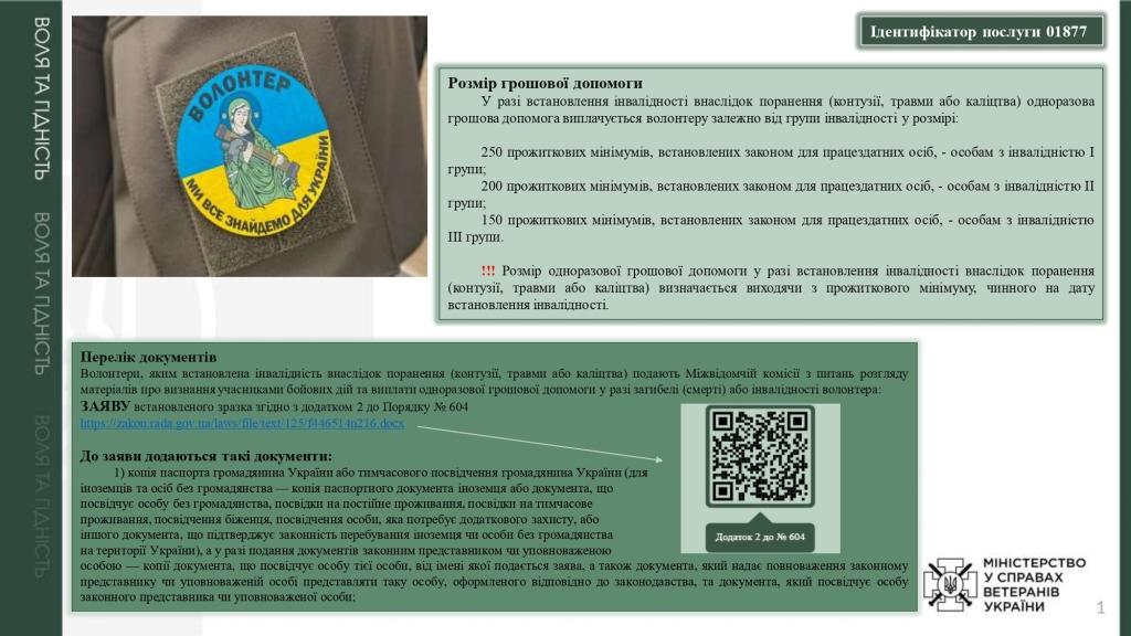 Одноразова грошова допомога у разі інвалідності волонтера